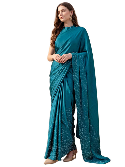 SIRIL Women's Satin Silk Dyed Embellished Saree with Unstitched Blouse Piece (3111S413AAA_Teal Blue)