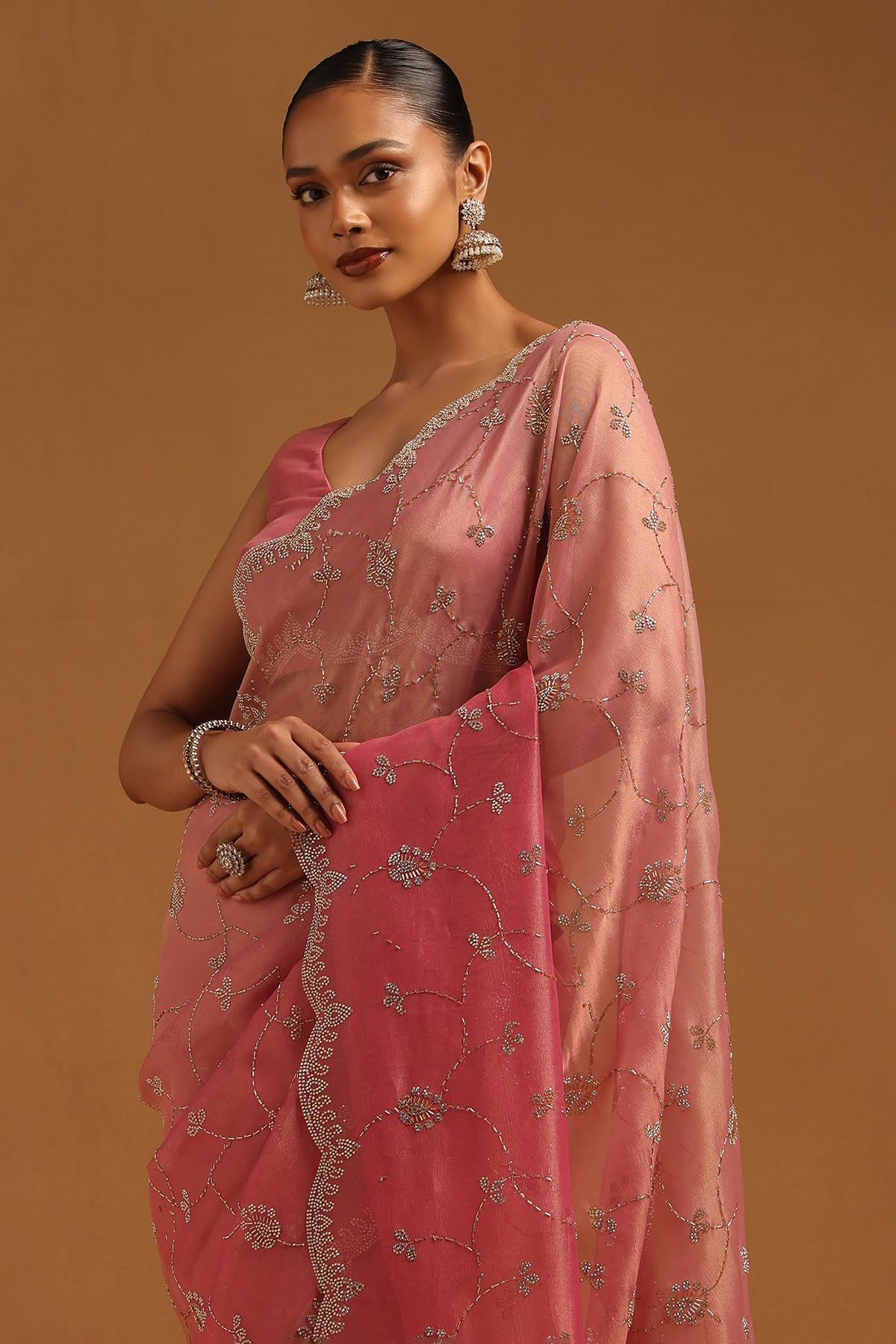 Soch Womens Onion Pink Fendy Organza Embellished Saree With Stone Work