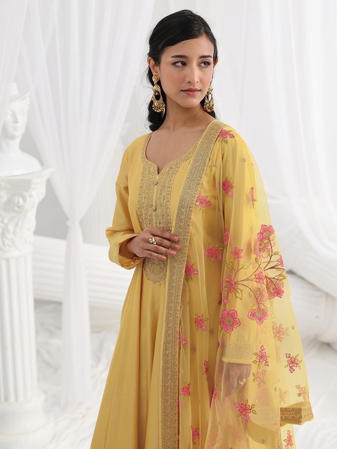 Libas Embroidered Silk Blend A-Line Ethnic Dress with Dupatta-93636M