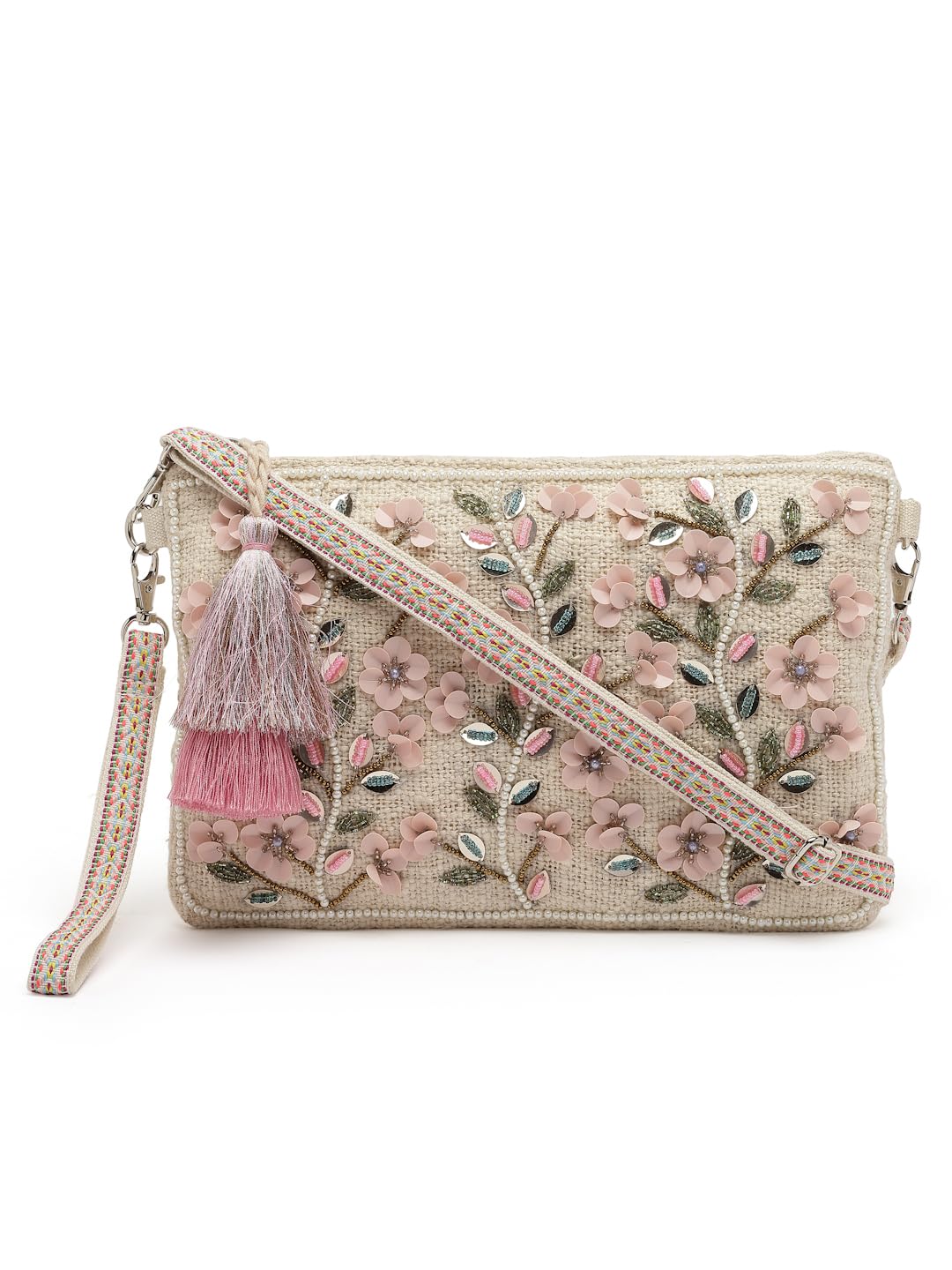 Anekaant Boho Sling Bag for Women | Ethnic Handmade Embroidered Cotton Sling Bag with Floral Bead Work & Tassels | Party Embellished Crossbody Bag