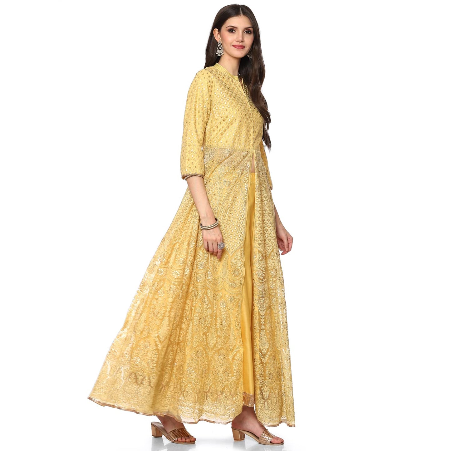 BIBA WOMEN EMBROIDERY FLARED SALWAR KURTA DUPATTA(SKD6463_YELLOW_36)