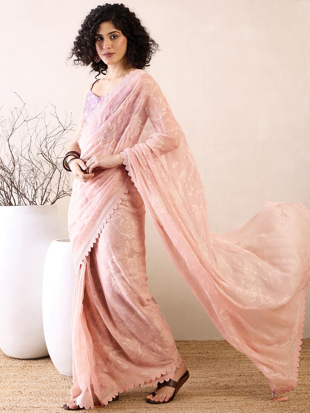 SAREE MALL Women's Beige Chiffon Floral Printed Ready To Wear one Minute Saree With Unstitched Blouse (RTWKINJAL4269_5D)