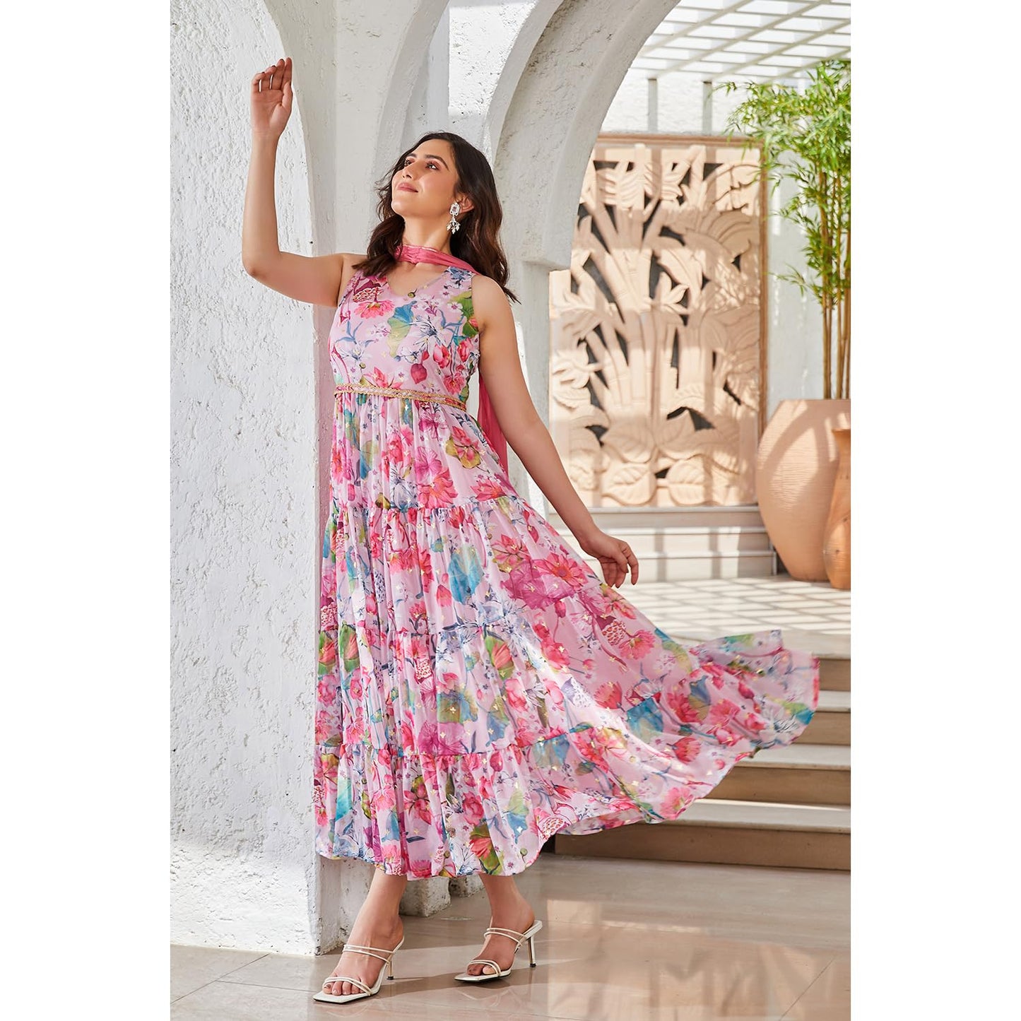 BIBA Women Polyester Anarkali Printed Dress (SKD9665_Pink_XS)