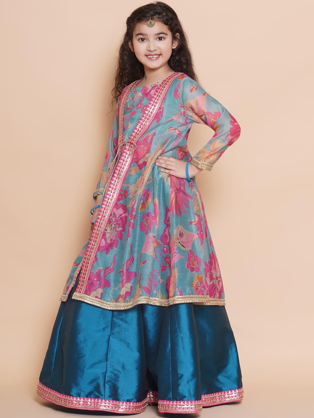 Bitiya by Bhama Girls Blue Floral Printededed Ready to Wear Lehenga & Blouse with Shrug