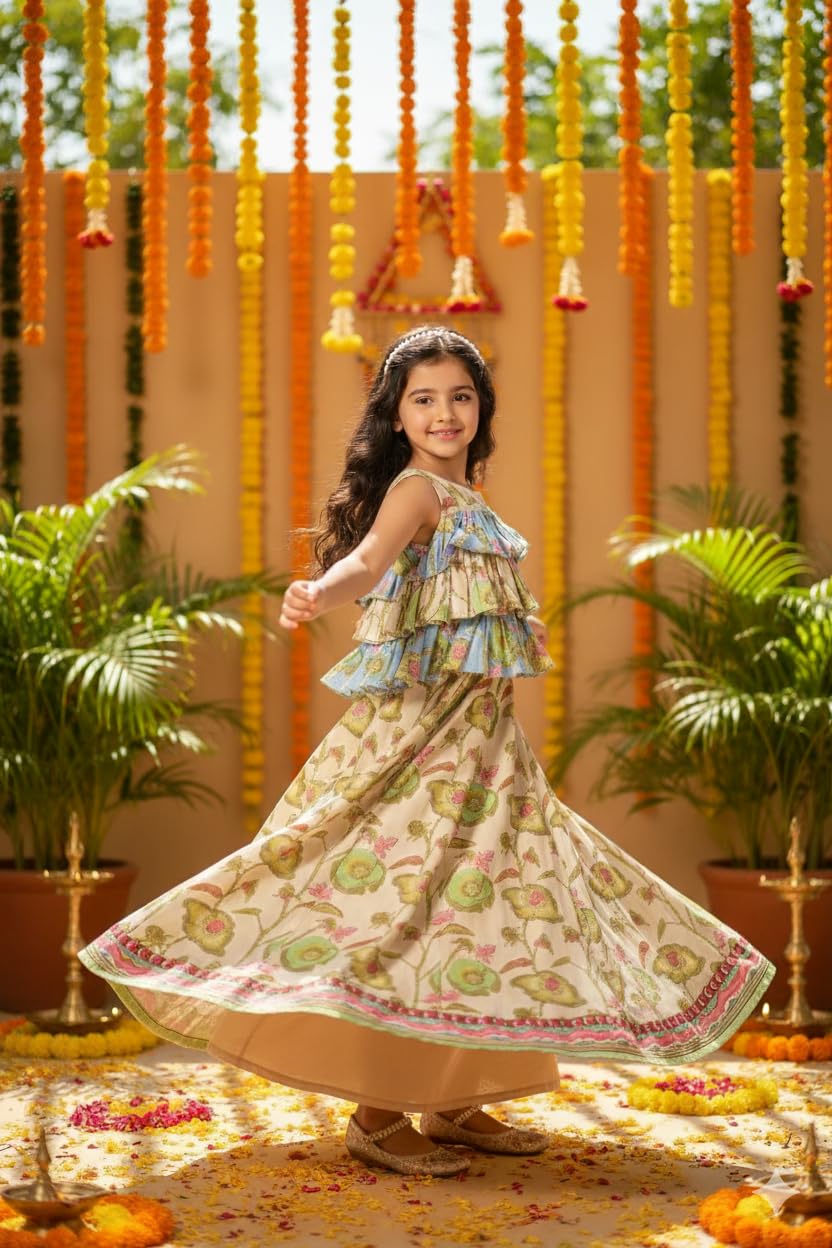 Naixa Girl's Rayon Floral Pattern Lehenga Choli Set with Sleeveless Round Neck and Elastic Closure Type| Ready to Wear Lehenga Choli Set