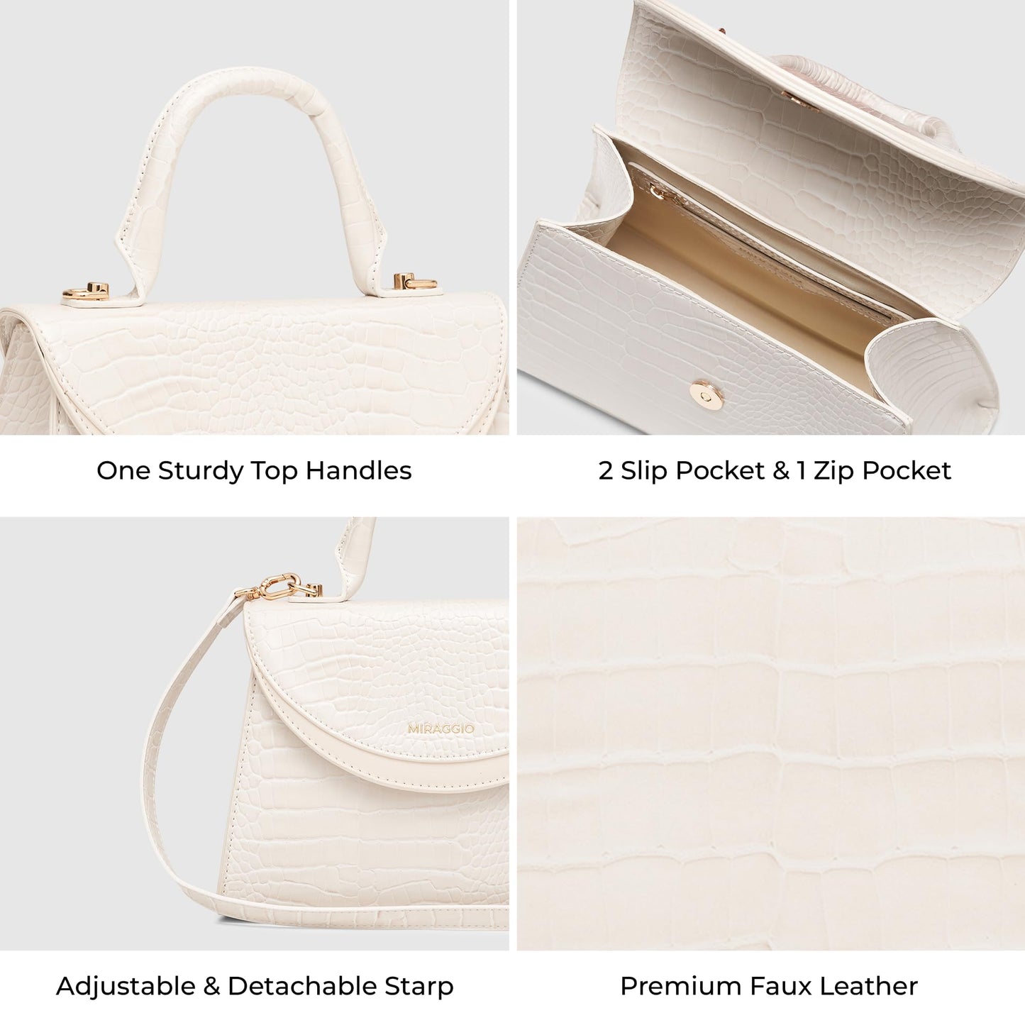 Miraggio Barbara Handbag with Adjustable & Detachable Sling Strap (Cream)