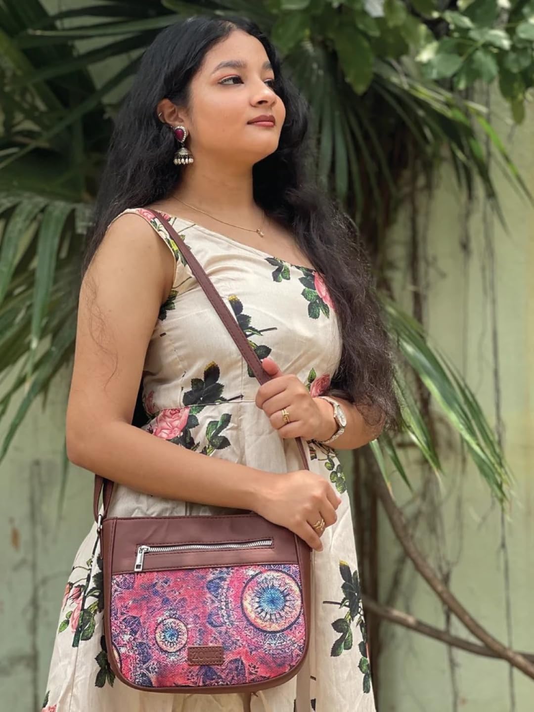ZOUK Women's Handcrafted Pink Chakra Printed U Shaped Sling Bag