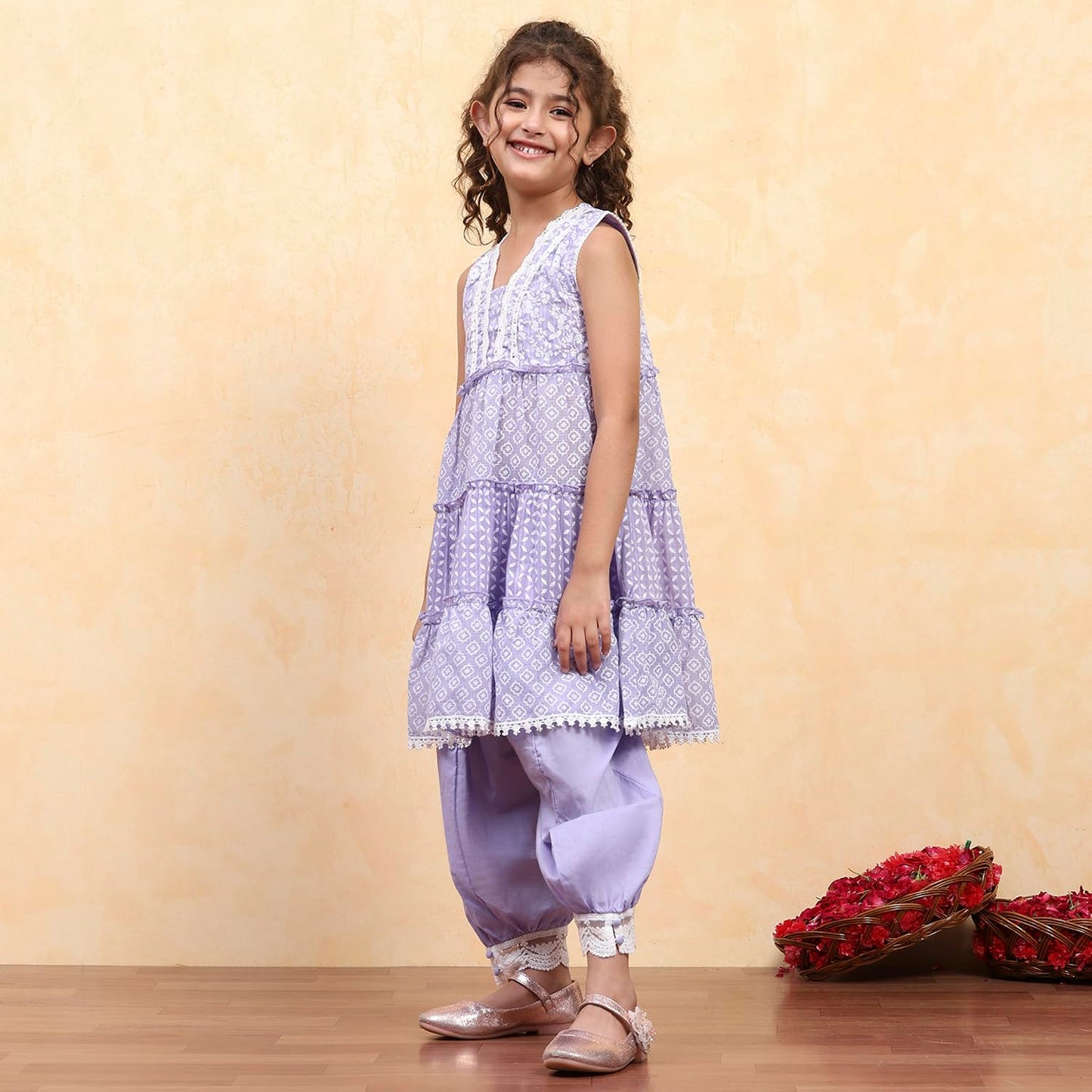 Biba Girl's Purple Cotton Tiered Printed Kurta Salwar Set