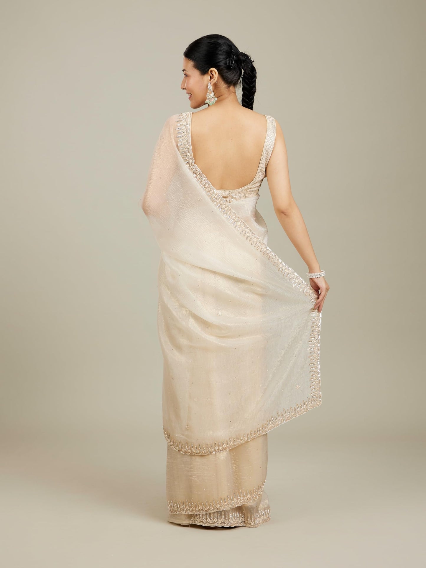 MOHEY Women's Chinon Hand Embroidered & Sequinned Saree(Cream)