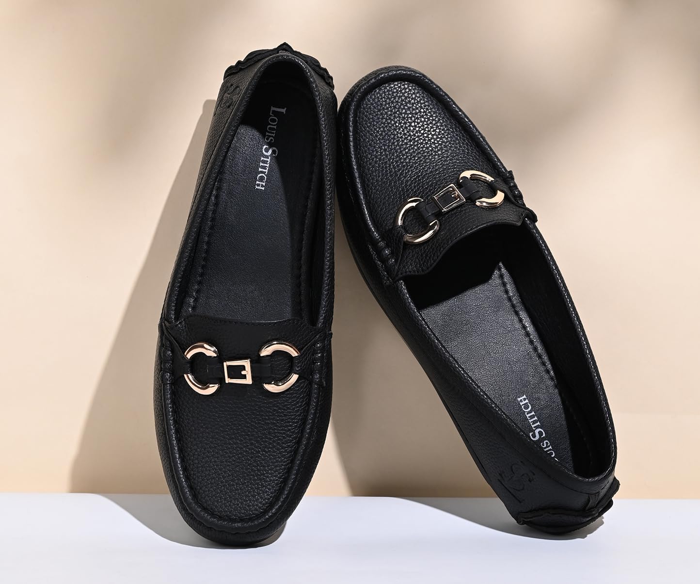 LOUIS STITCH Women’s Black Premium Slip-On Loafers with Buckle | Elegant Solid Slip-On Comfort Shoes for Casual and Formal Wear | Slip-On Loafer Shoes for Women | LSLD-BLR-DB | UK-8