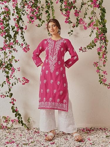 Ada Hand Embroidered Lucknowi Chikankari Cotton Kurti Kurta for Women A411775 Magenta (S)