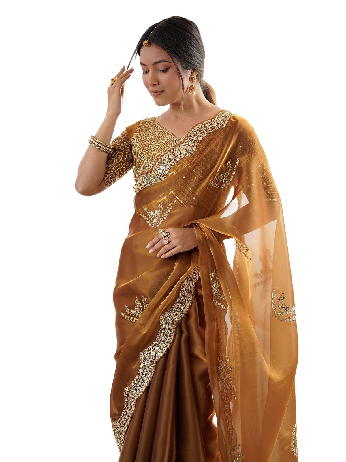 Satrani Women's Tissue Silk Scalloped Border Sequins Embroidery Saree with Unstitched Blouse Piece (4218S6642N_Copper5)