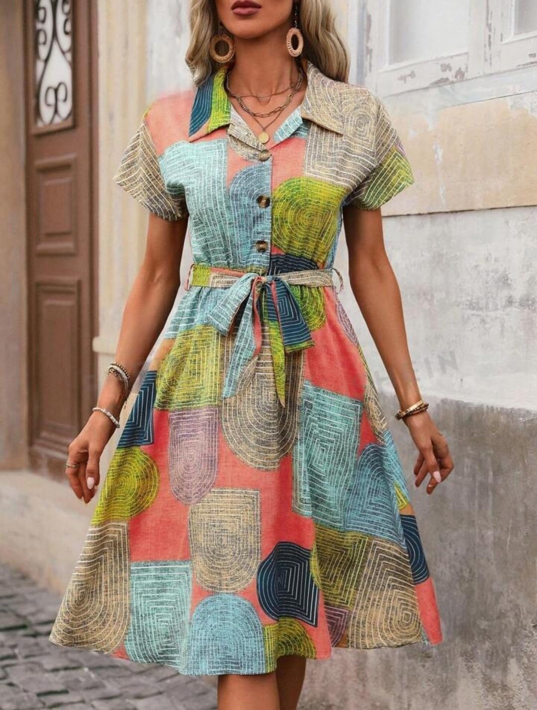 Gufrina Women's Short Sleeve Collar Neck Dress - Geometric Print Button-Down Midi Dress with Tie-Up Belt (in, Alpha, 5XL, Regular, Peach)