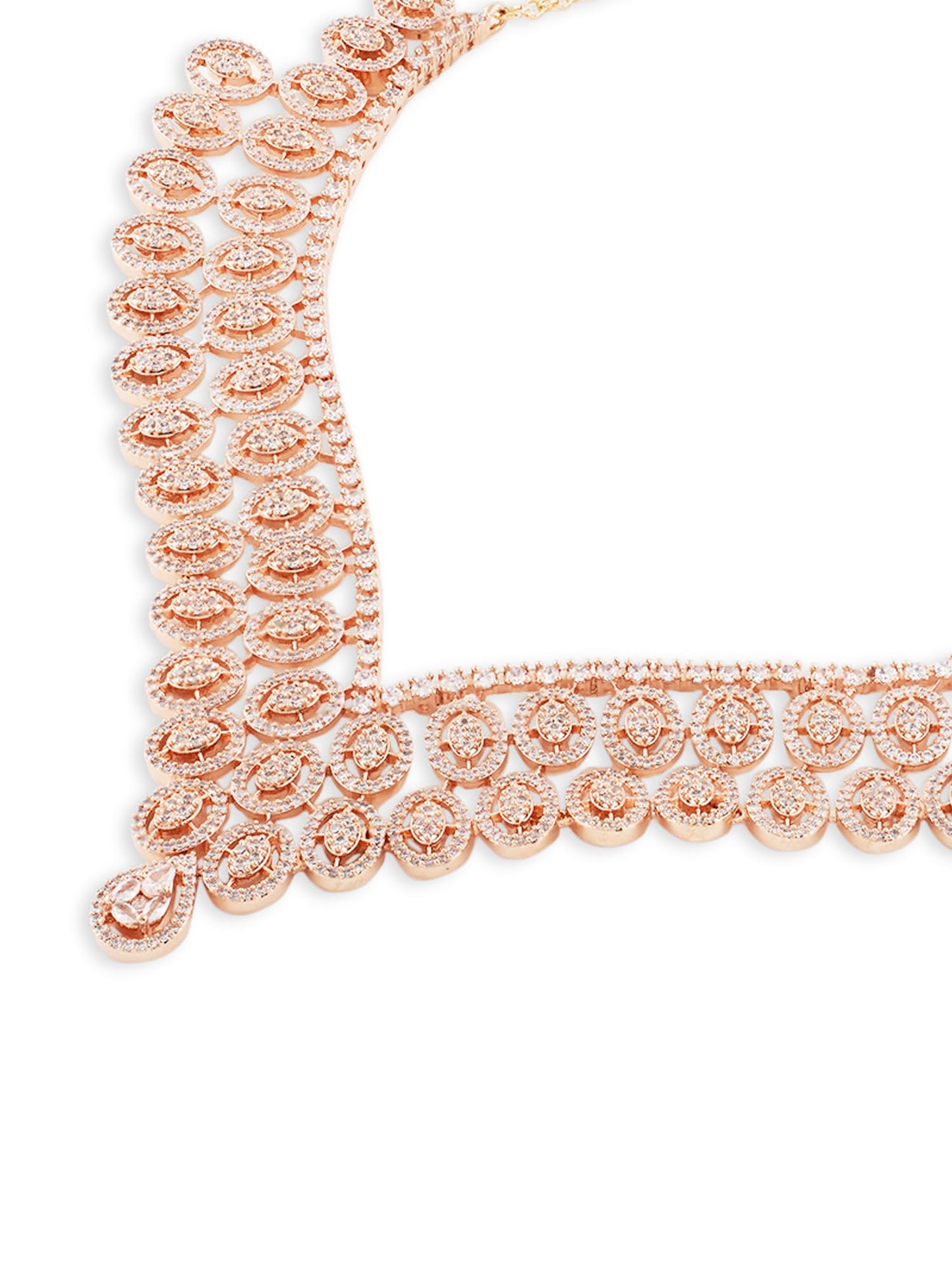 ZAVERI PEARLS Rose Gold Cubic Zirconia Contemporary Brass Necklace & Earring Set For Women-ZPFK21107