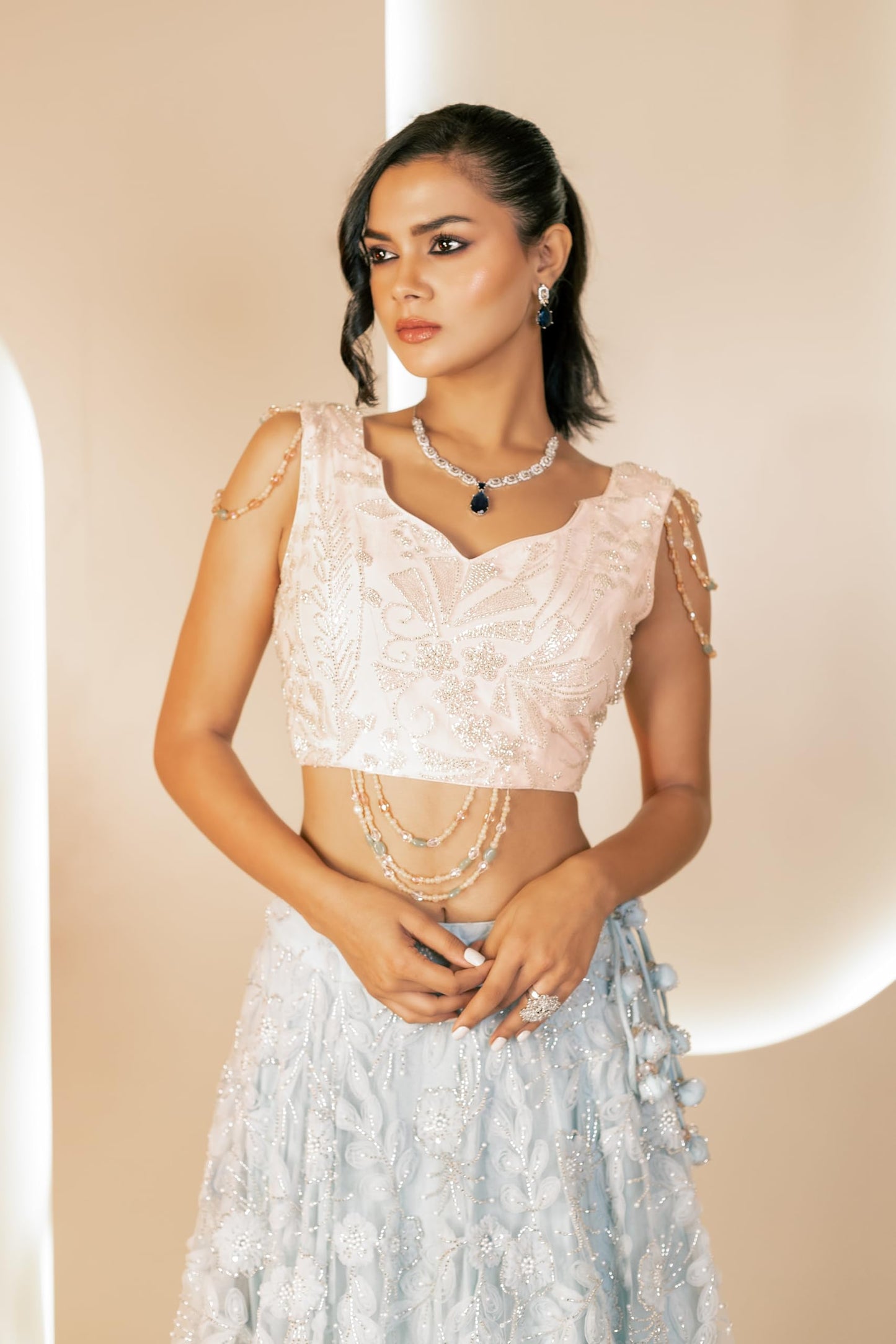 The Behruz Theory Mint & Peach 3D Embroidered Ensemble Lehenga | Net Fabric Lehenga | Party wear dress for women | Perfect for your special occasions | Traditional and stylish Lehenga set for women