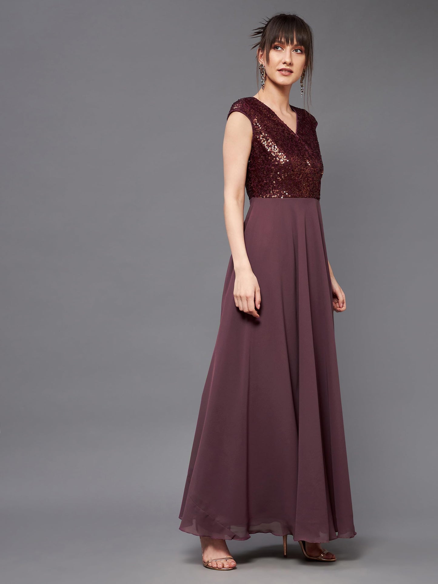 Miss Chase Women's Mauve & Wine V-Neck Sleeveless Embellished Wrap Maxi Dress (MCSS20D06-10-264-05, Mauve & Wine, L)