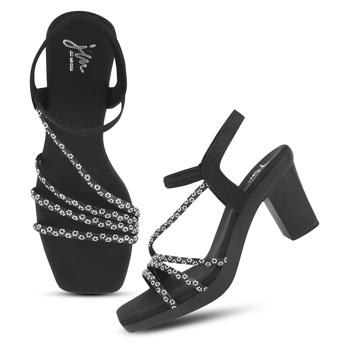 JM LOOKS Women's Sandal Strappy Embellished Heels Ankel Strap Square Toe Lightweight Comfortable Stylish for Wedding Party Festivel Occasion - Black