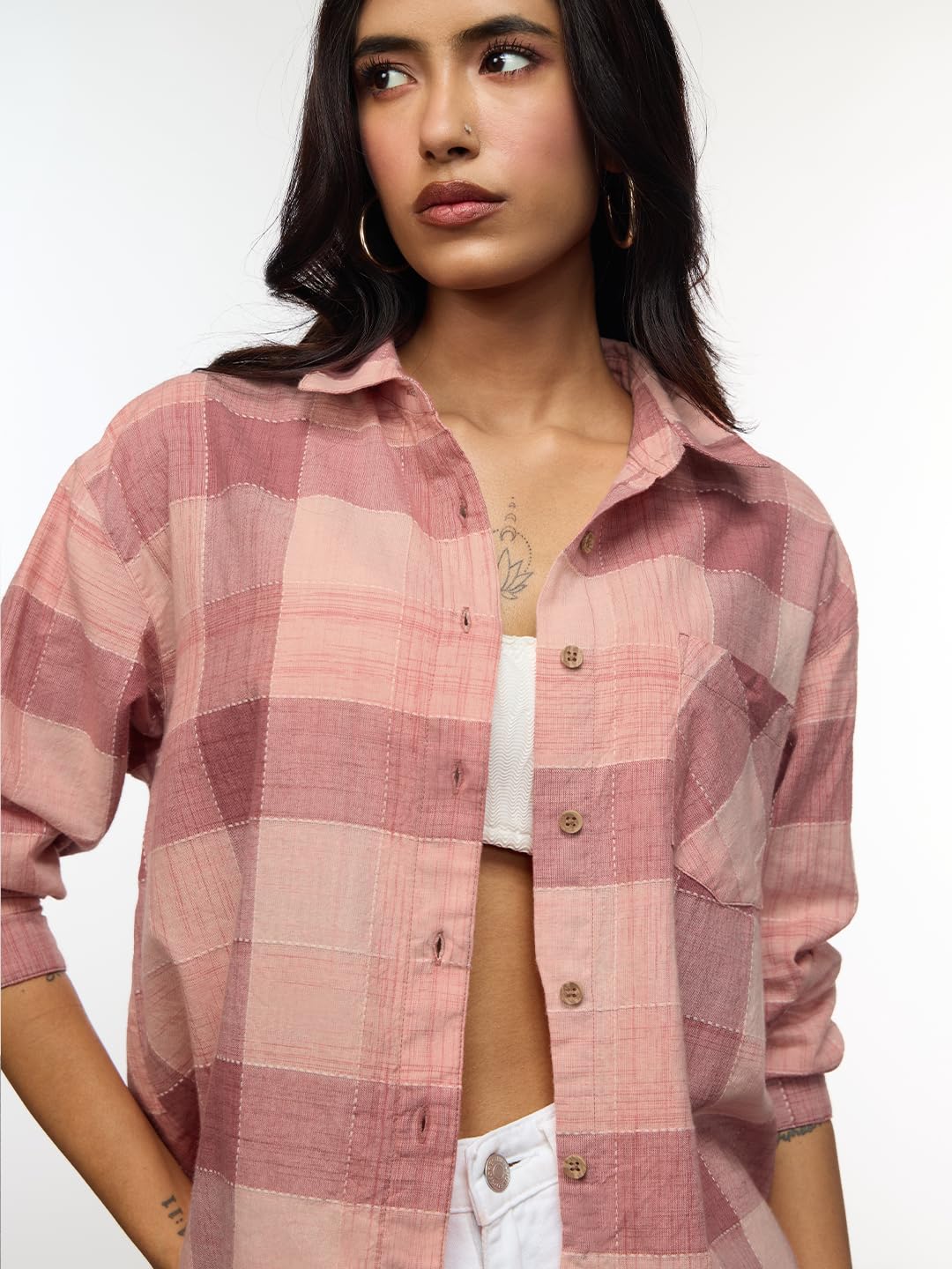 The Souled Store Plaid Shirt: Allure Women and Girls Long Sleeves Collared Neck Button Front Pink Cotton Boyfriend Shirts