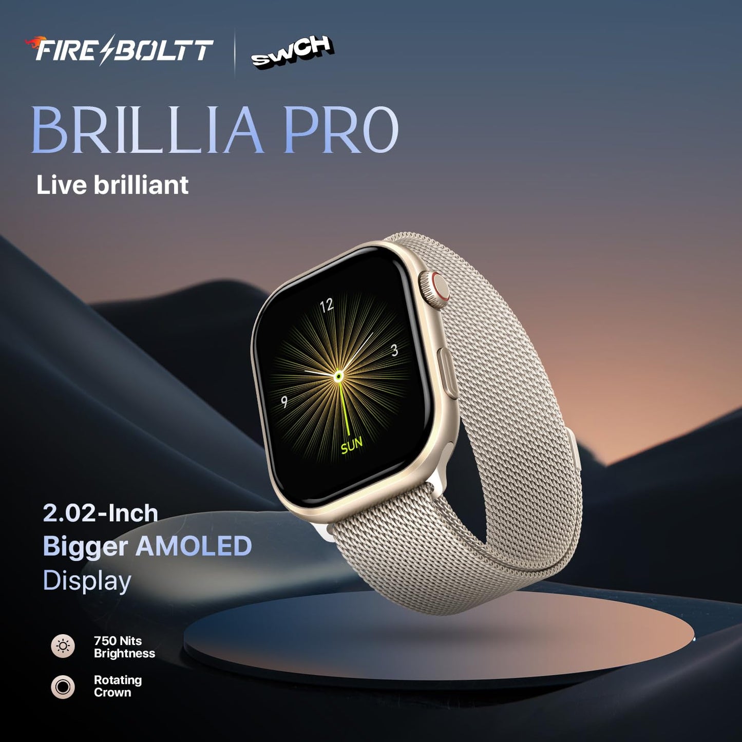 Fire-Boltt Brillia Pro Smart Watch with 51.3mm (2.02 inch) AMOLED Display, Bluetooth Calling, SpO2, Heart Rate Monitoring, 120+ Sports Modes, IP67 Waterproof, Long Battery Life (Champagne)