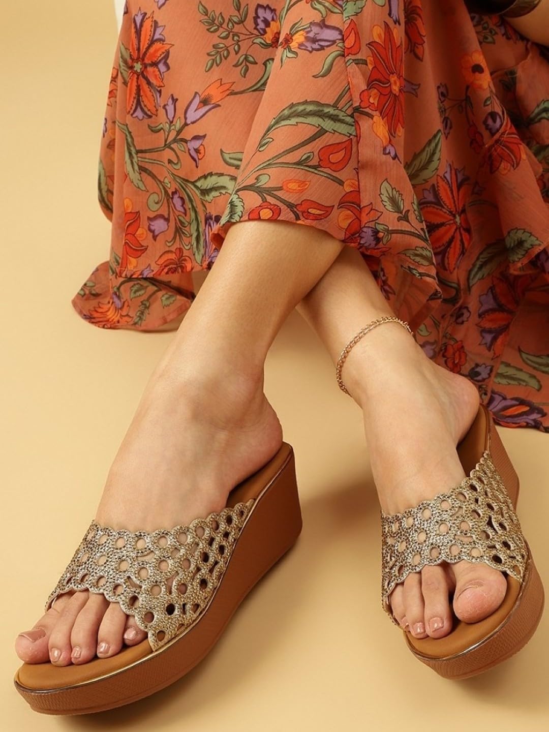 Marc Loire Women’s Flatform Heel Fashion Sandals | Elegant Embellished Slip-On Open Back Sandals for Casual, Ethnic & Party Outfits (Gold, UK Footwear Size System, Adult, Women, Numeric, Medium, 7)