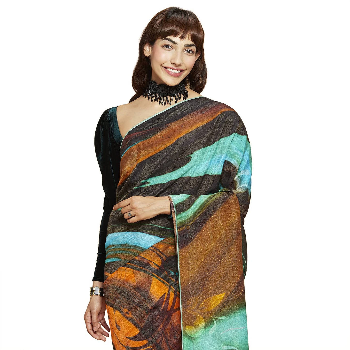 Navyasa Womens Teal Liva Shimmer Printed Woven Saree with Unstitched Blouse Piece