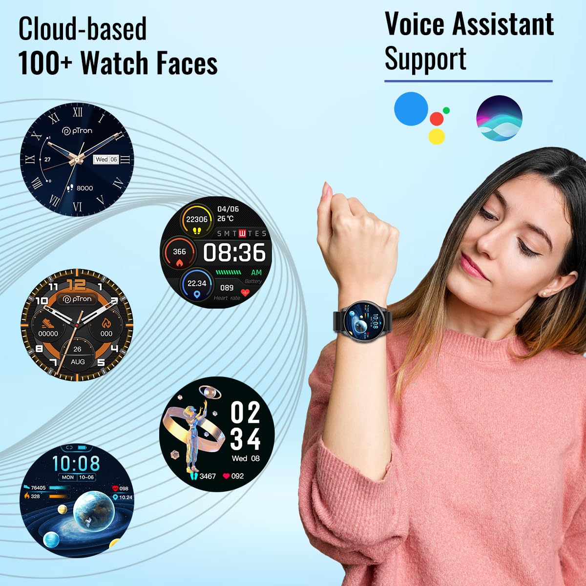 pTron Newly Launched Reflect Flash 1.32 inch Round Smartwatch, Bluetooth Calling, Full Touch Display, 600 NITS, Metal Frame, 100+ Watch Faces, HR, SpO2, Voice Assist & 5 Days Battery Life (Black)