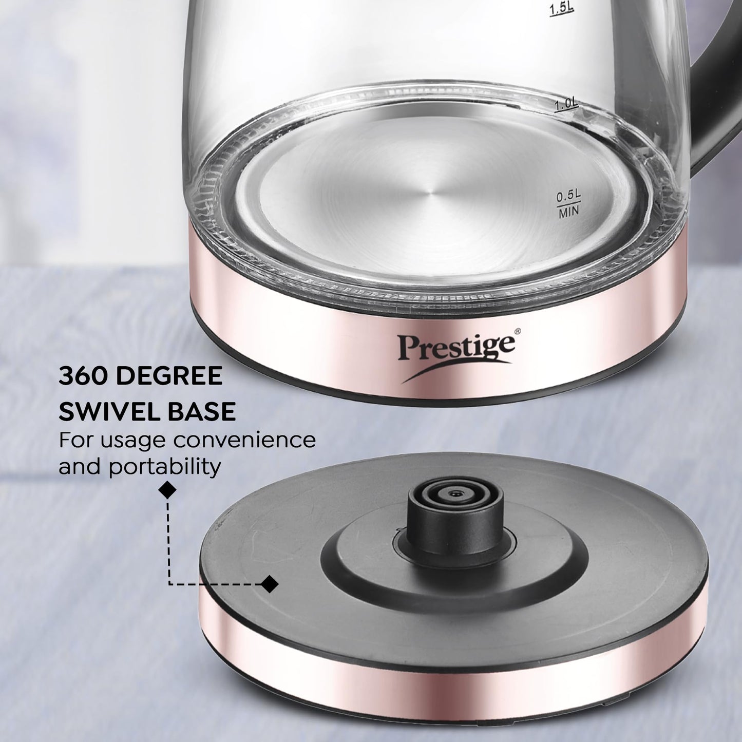 Prestige PKGB 1.8 Litre Electric Glass Kettle| LED Power Indicator| Borosilicate Glass| Automatic Power Cut-Off| Concealed Element| 360 Degree Swivel| Cool Touch Handle, 1350 Watts, Transparent