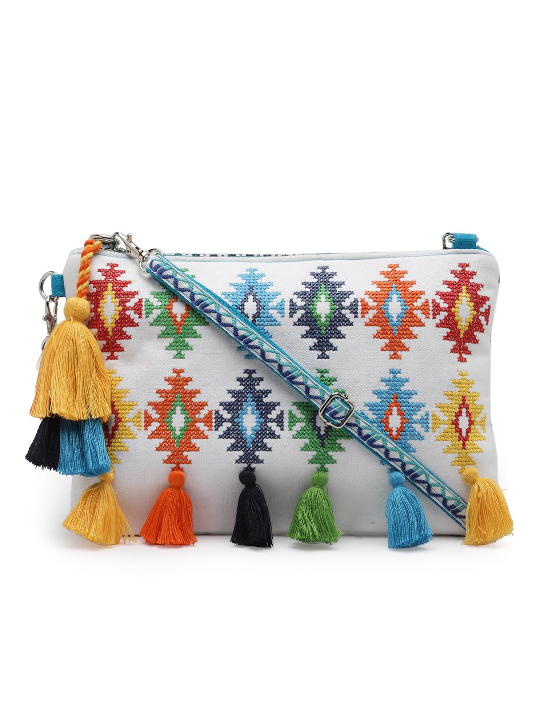 Anekaant Boho White & Multi Aztec Embroidered Cotton Canvas Sling Bag