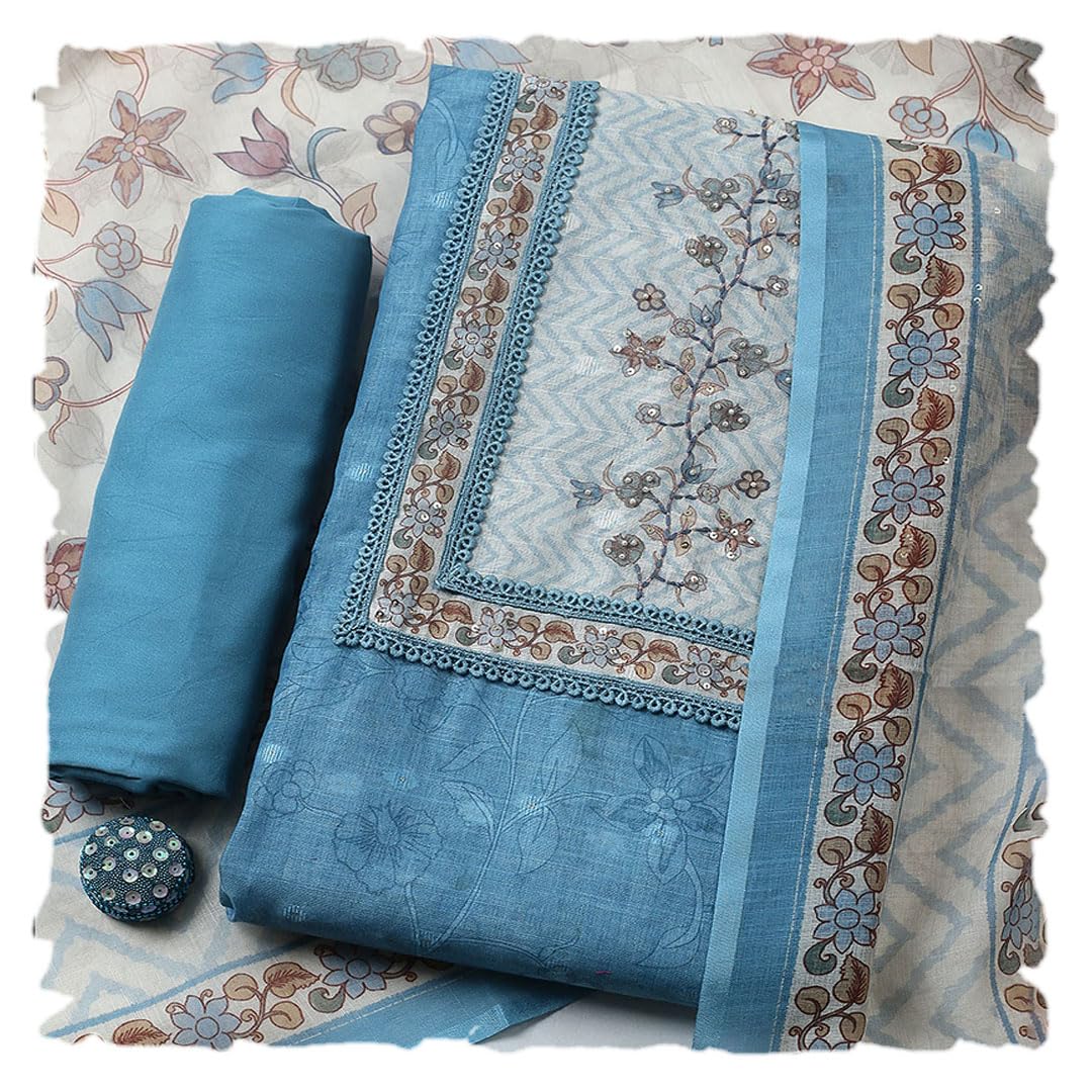 Meena Bazaar Printed Cotton Blend Blue Unstitched Kurta with Bottom & Dupatta
