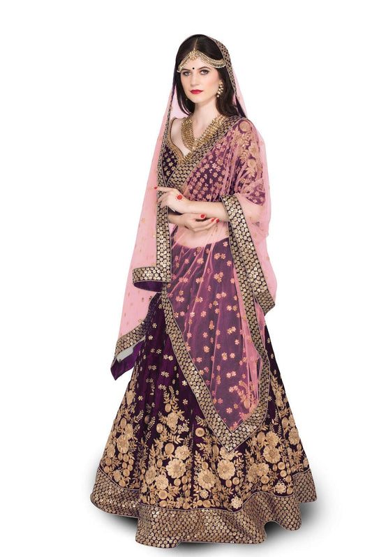 Zeel Clothing Women's Velvet Semi stitched Lehenga Choli (7024-Purple_Purple_Free Size)