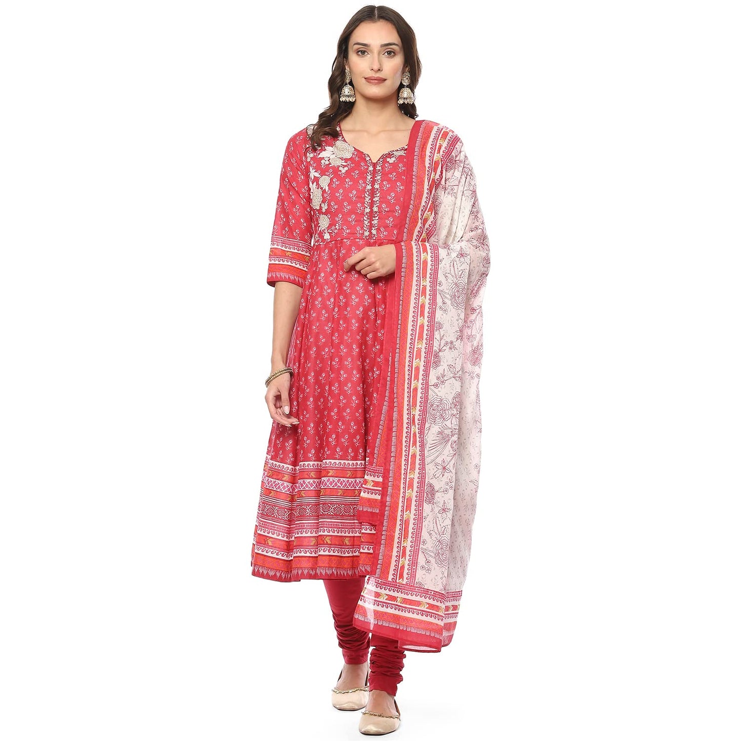 BIBA WOMEN PRINTED FITTED SALWAR KURTA DUPATTA(SKDASSORTED8618_RED_34)