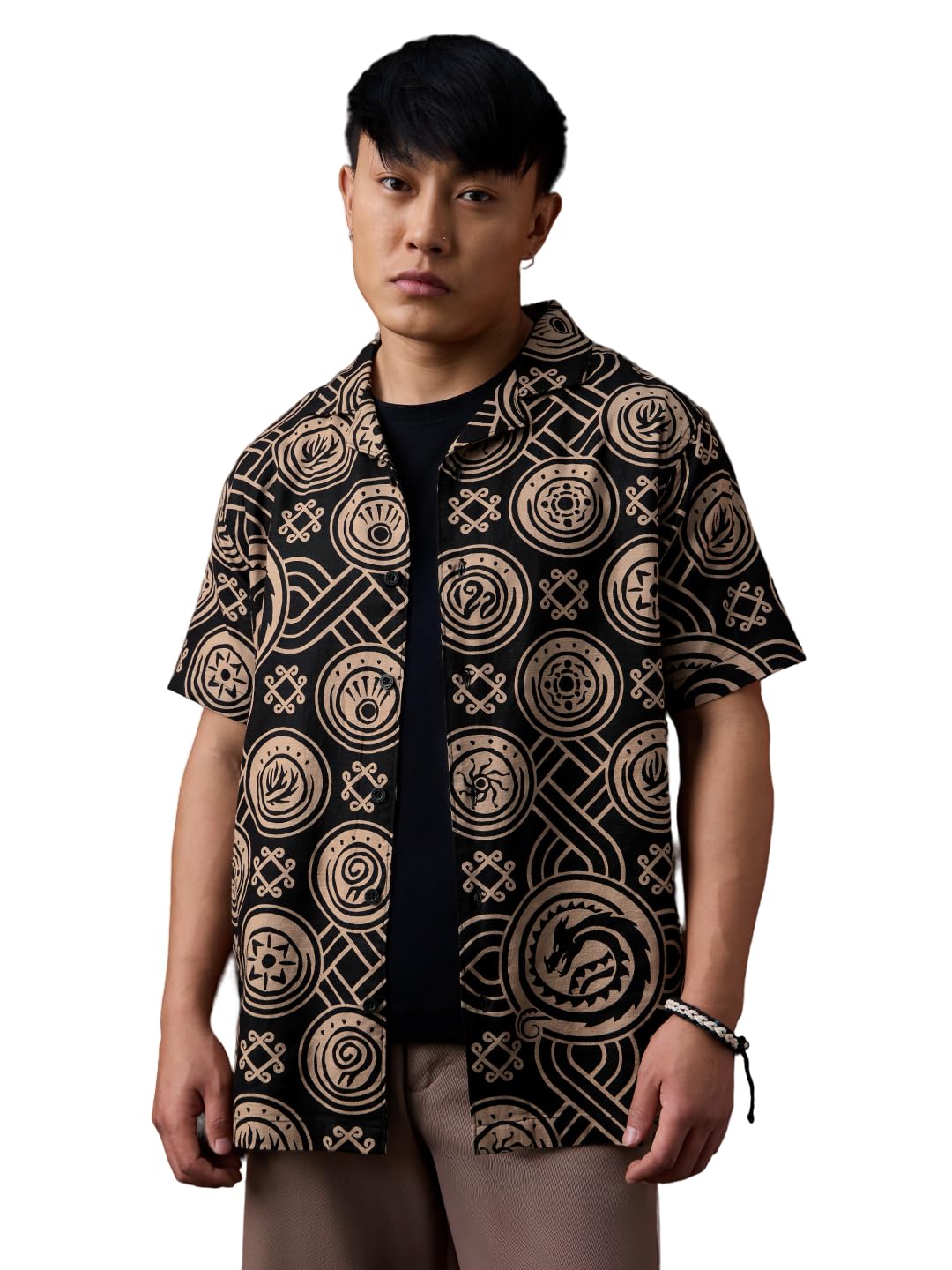 The Souled Store HTTYD: Dragon Fury Men and Boys Short Sleeve Cuban Collar Black Graphic Printed Easy to Style Casual Cotton Oversized Shirt