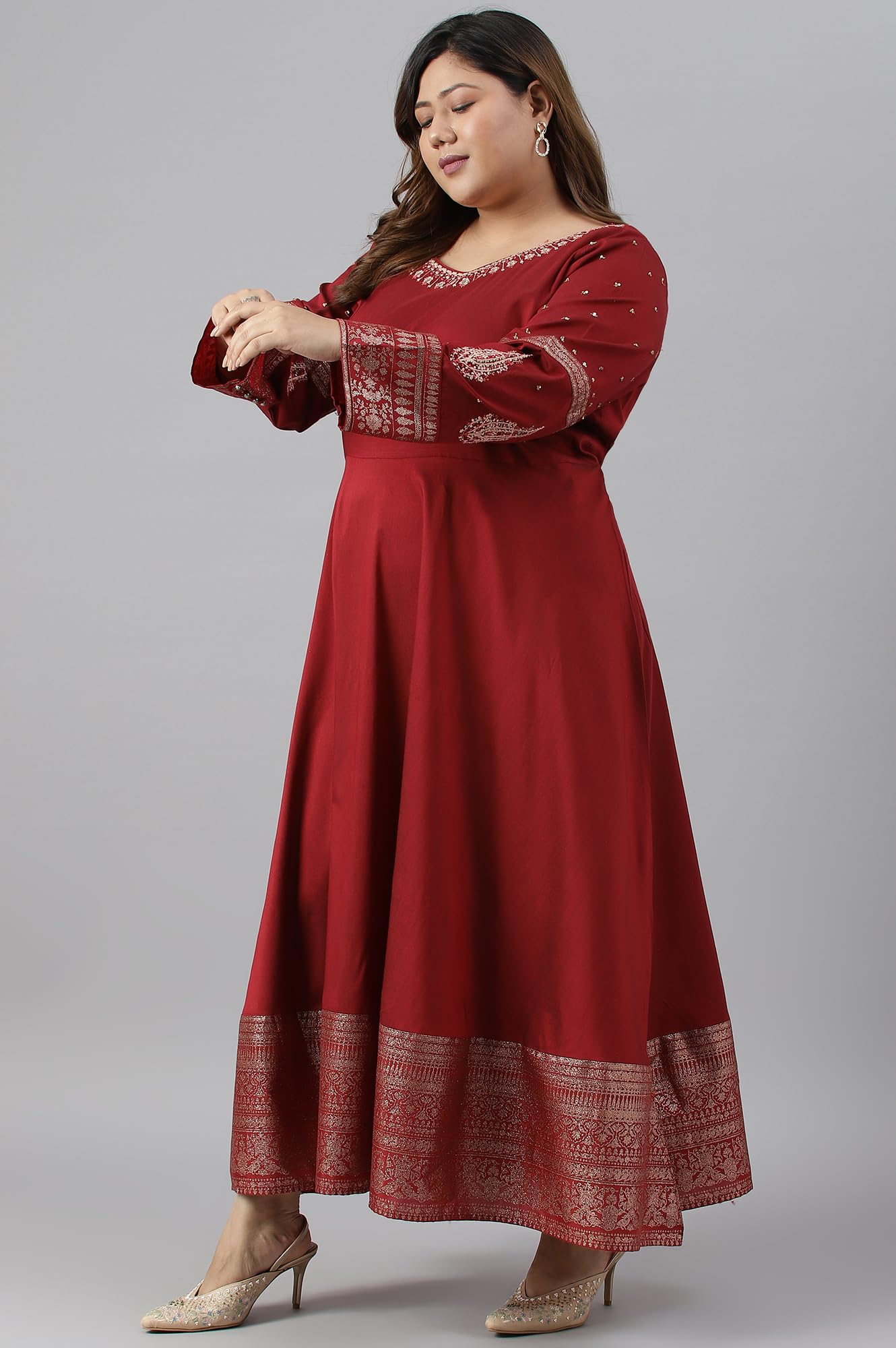 W for Woman Maroon Festive Plus Size Gown with Embroidery on Neck and Sleeves_22AUW18361G-217627_5XL