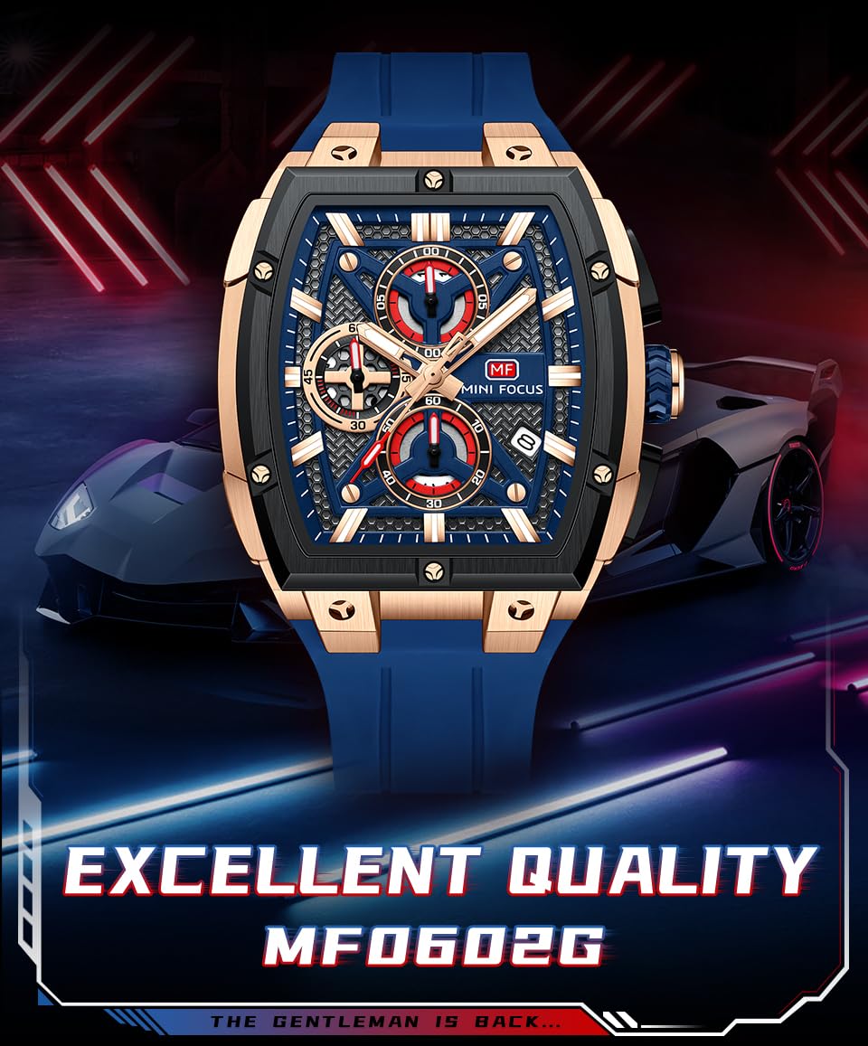 MF MINI FOCUS Men's Quartz Watch Wine Barrel Outdoor Style Curved Mirror Multi-Layer Hollow Men's Watch 0602G, Blue, Modern