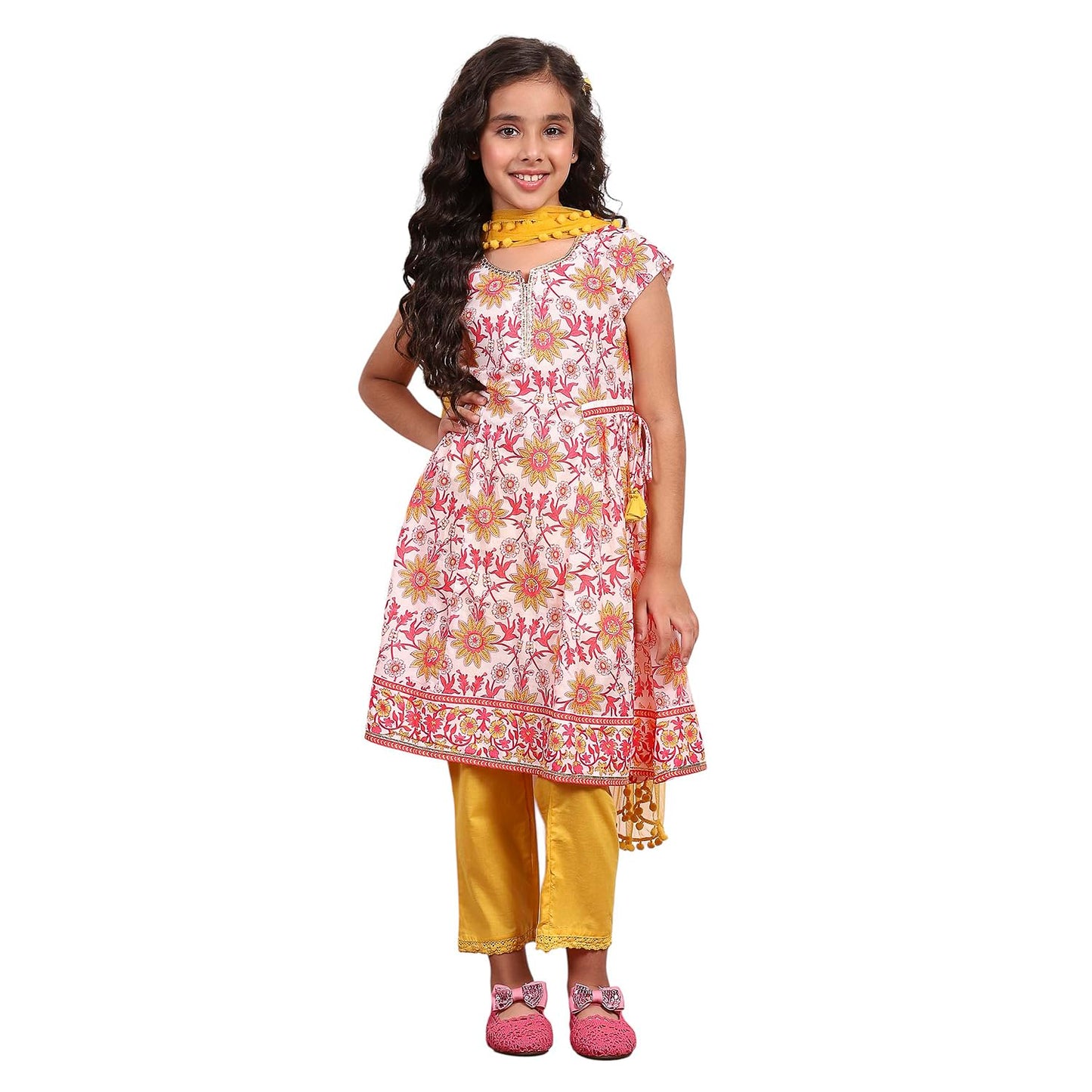 Biba Girl's White Cotton Flared Printed Suit Set