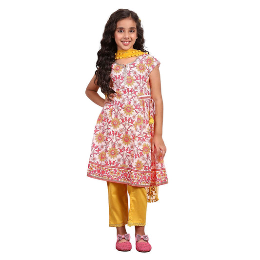 Biba Girl's White Cotton Flared Printed Suit Set