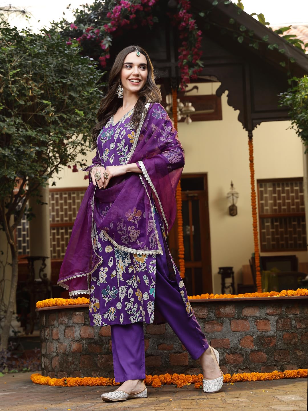 Stylum Women's Floral Printed Rayon Straight Kurta Pant Dupatta Set