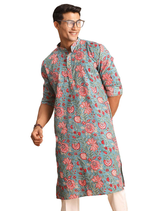 VASTRAMAY Men’s Cotton Regular Fit Regular Aqua Kurta | Elegant Ethnic Wear for Weddings & Festive Celebrations