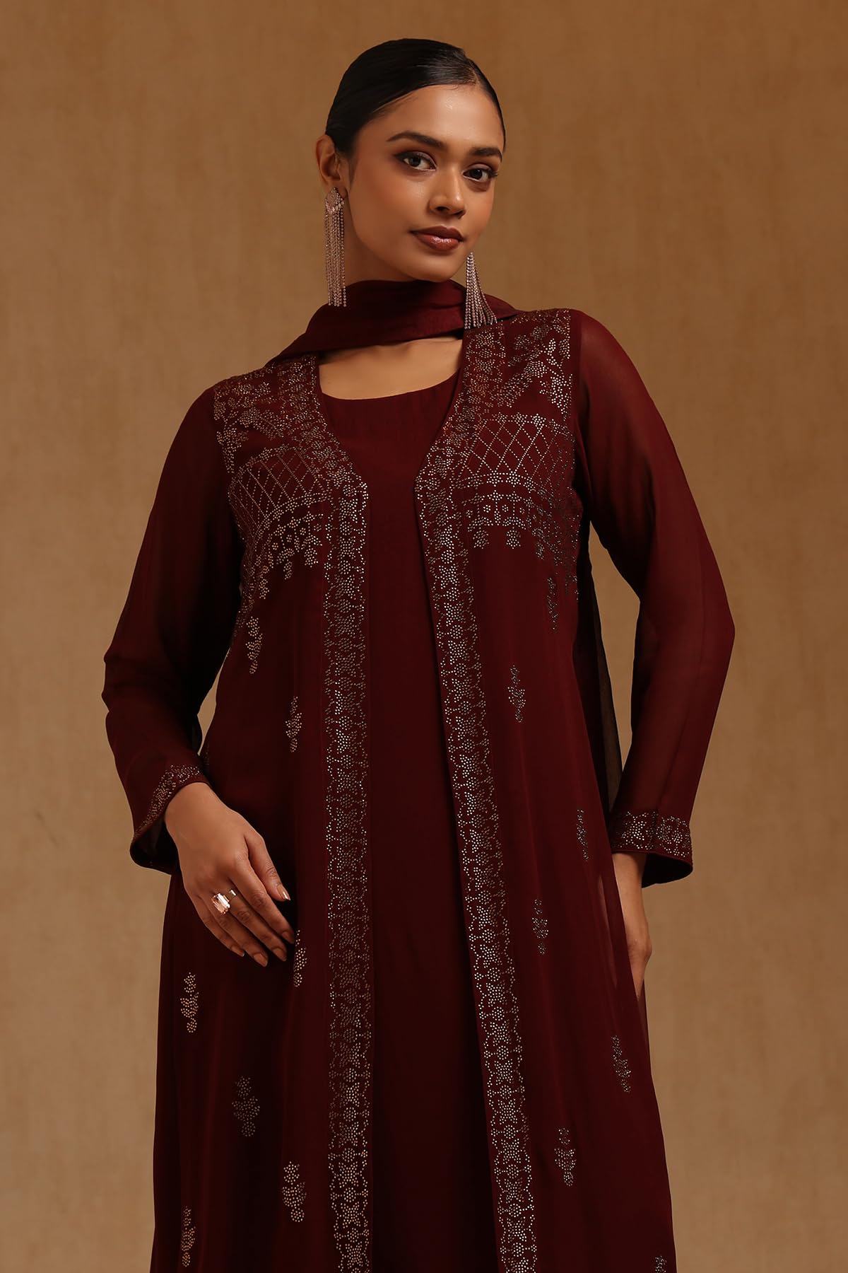 Soch Womens Maroon Georgette Solid Suit Set