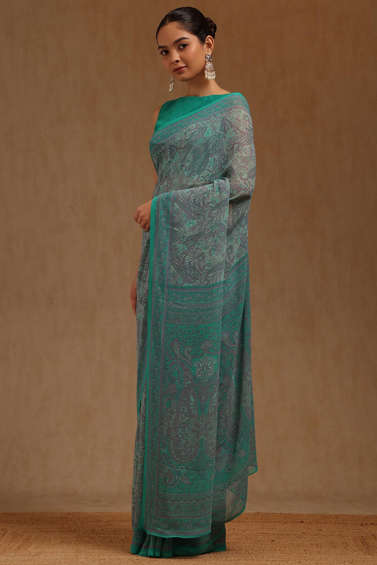 Soch Womens Teal Green Georgette Paisley Print Saree