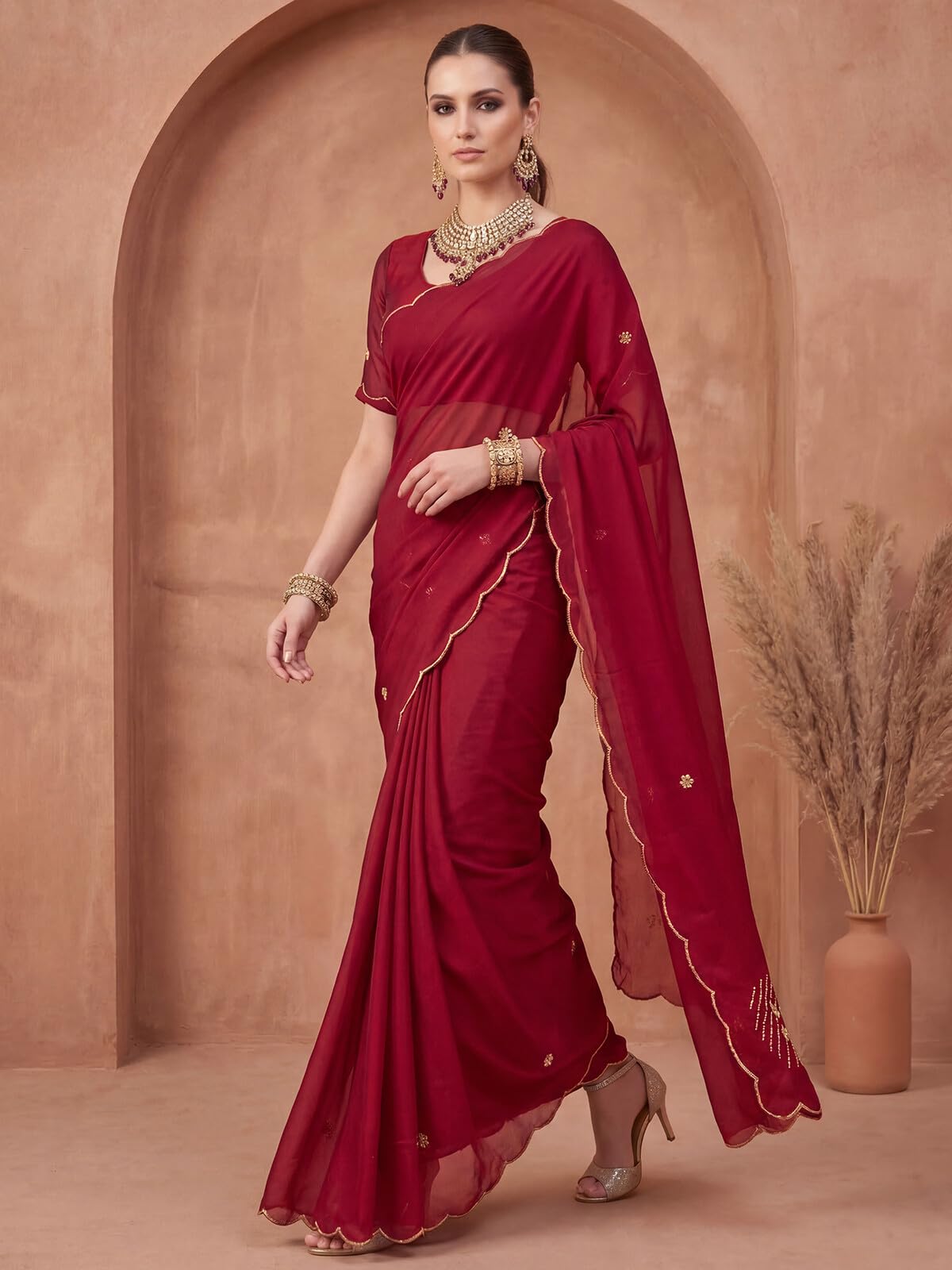 SIRIL Women's Silk Scalloped Border Saree with Unstitched Blouse Piece (5077S843A_Maroon)