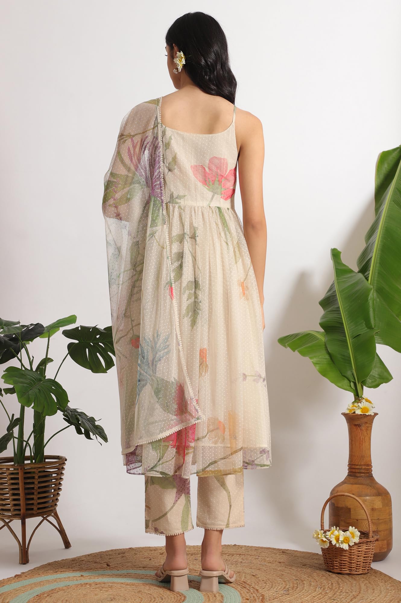 W for Woman Light Beige Floral Printed Swiss Dot Net Spaghetti Flared Kurta, Pants and Dupatta Set (Size: XL)-WS12397-125754
