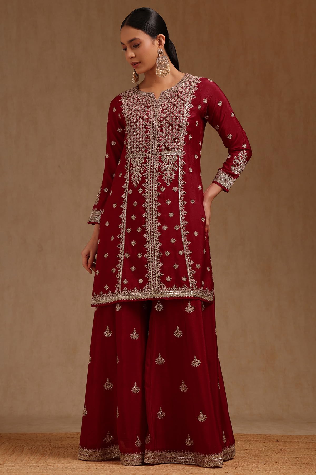 Soch Womens Brick Red Chinon Sequin Embellished Salwar Suit