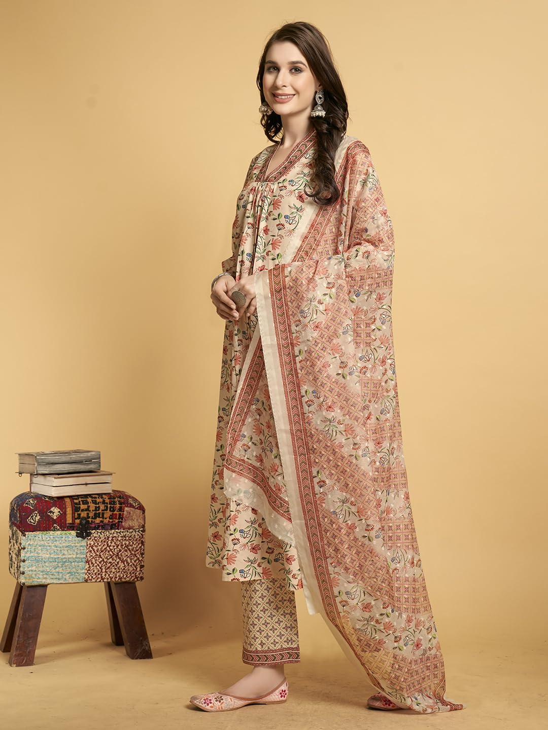 V4M Women's Peach Floral Printed A-Line Kurta Set | Kurta Pant With Dupatta