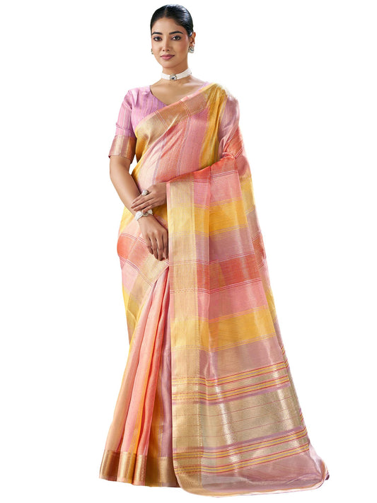 AKHILAM Women's Multicolored Linen Striped Print Saree With Unstitched Blouse Piece | saree for woman | Designer Saree for Women | Soft and Skin Friendly (PRERNA2706_SF)