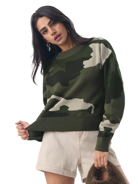 The Souled Store Aspire Women and Girls Full Sleeves Round Neck Multicolor Camouflage Printed Acrylic Oversized Fit Sweater