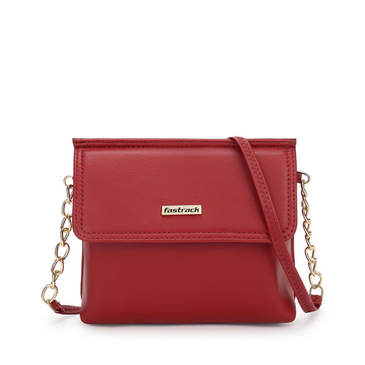 Fastrack Womens Chain Detail Sling Bag In Faux Leather With Flap & Button Lock-Stylish Crossbody With Metal Accents On Strap-Trendy Small Bag,Red