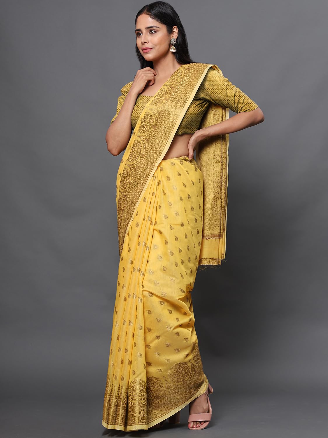 leeza store Women's Yellow Cotton Silk Blend Golden Zari Tree Pattern Border Rich Pallu Banarasi Saree With Blouse Piece