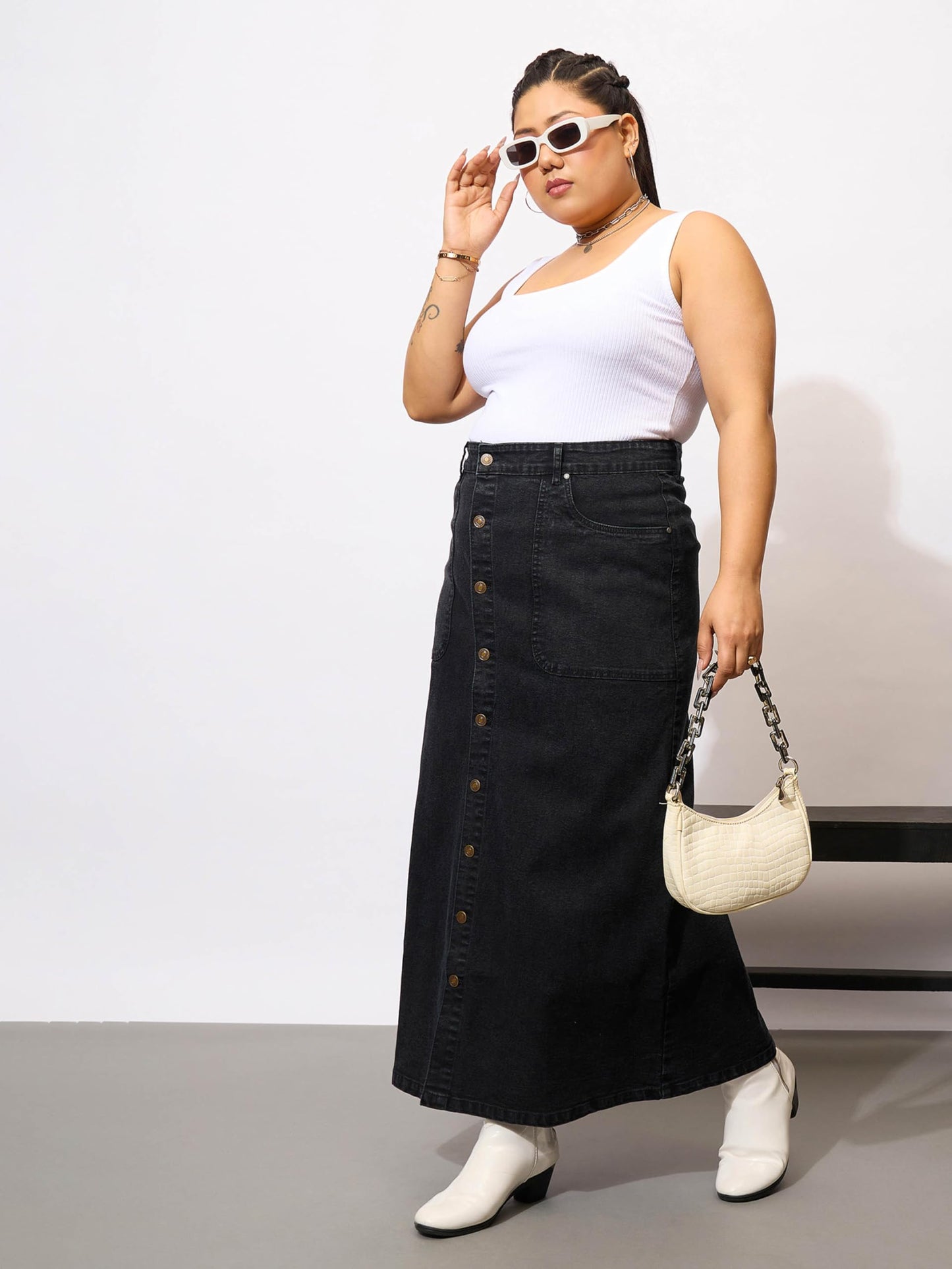 Black Denim Acid Wash Front Button Skirt