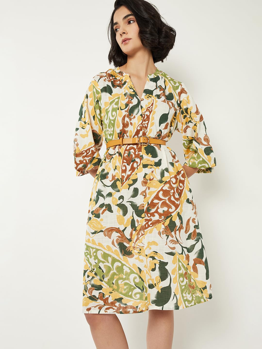 Max Women Printed A-line Dress with Belt(Multicolour_L)